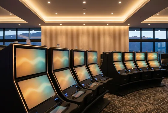 Illustration of a curved row of slot machine cabinets with blank amber and teal screens under warm ceiling lights, mountains showing through the windows at dusk