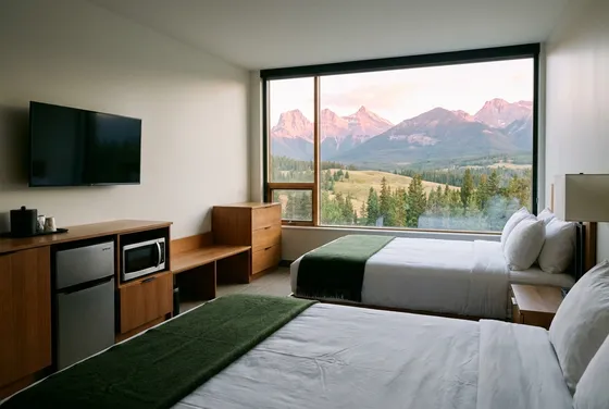 Illustration of a hotel room with two queen beds, a mini fridge and a microwave, and a wide window onto foothills and mountain peaks lit pink at sunrise